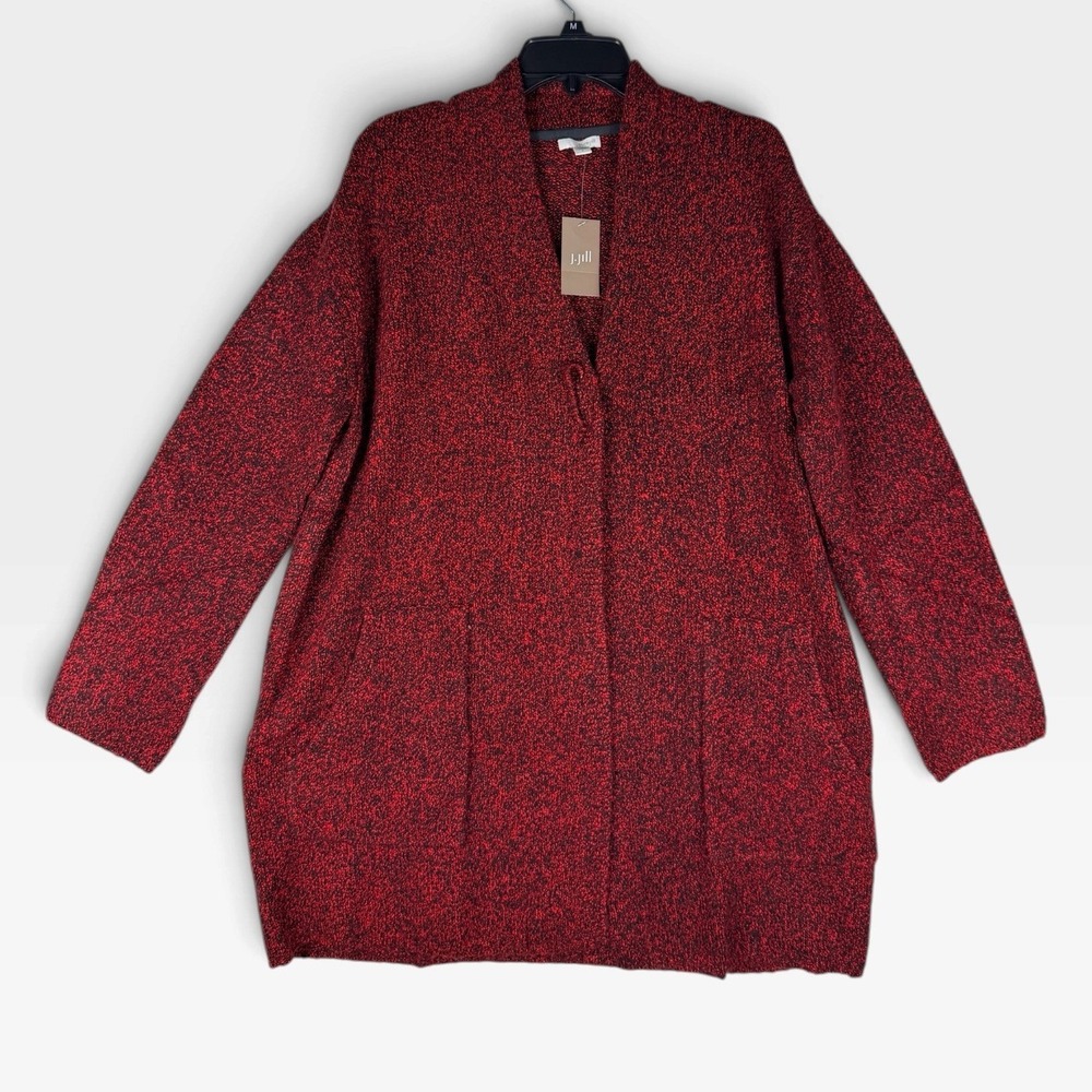 J. Jill Pure Jill Cardigan Open Front Sweater Womens M Red Black Marled Wool NEW